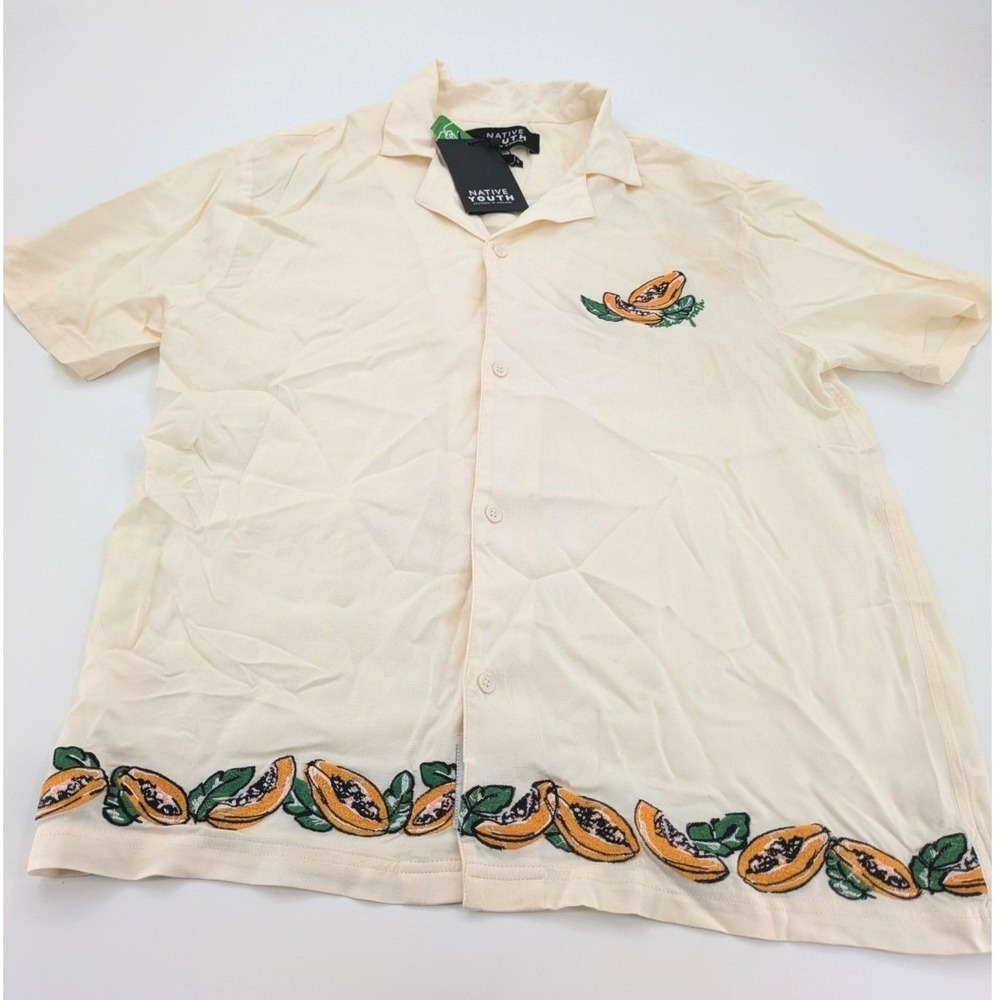 NWT Native Youth Shirt Mens S Beige Papaya Embroidered Short Sleeve Button Up